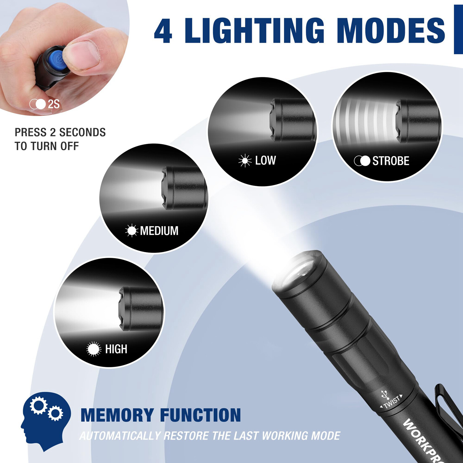 WORKPRO Rechargeable Pen Light, Mini Flashlight, 2 Pack Memory Function Black