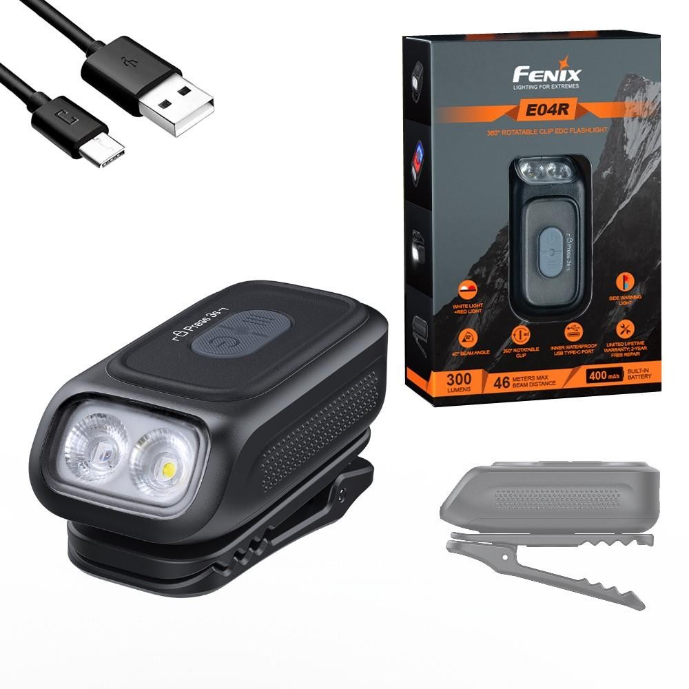 Fenix E04R 300 Lumen Clip-on Rotate, Body Worn, White/red, Flash, Flashlight