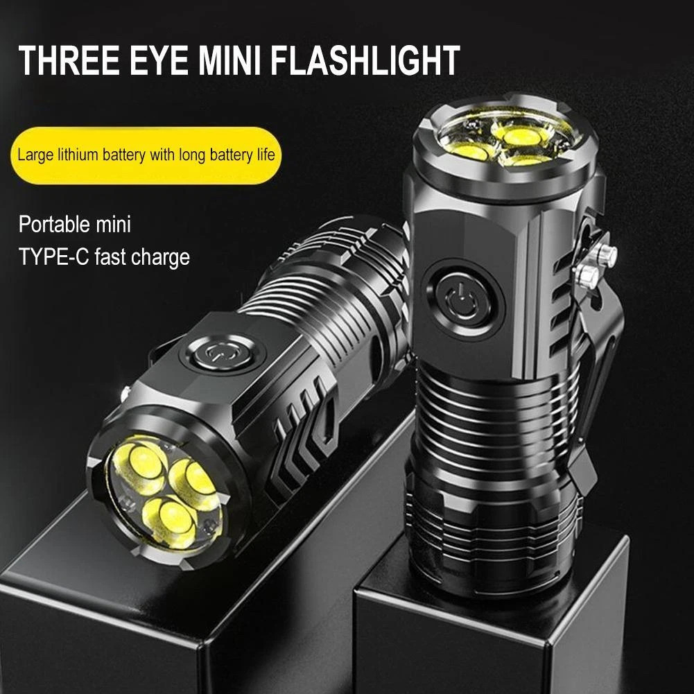 3PCS Three-Eyed Mini Flashlight Flash Super Power Waterproof Outdoor Travel