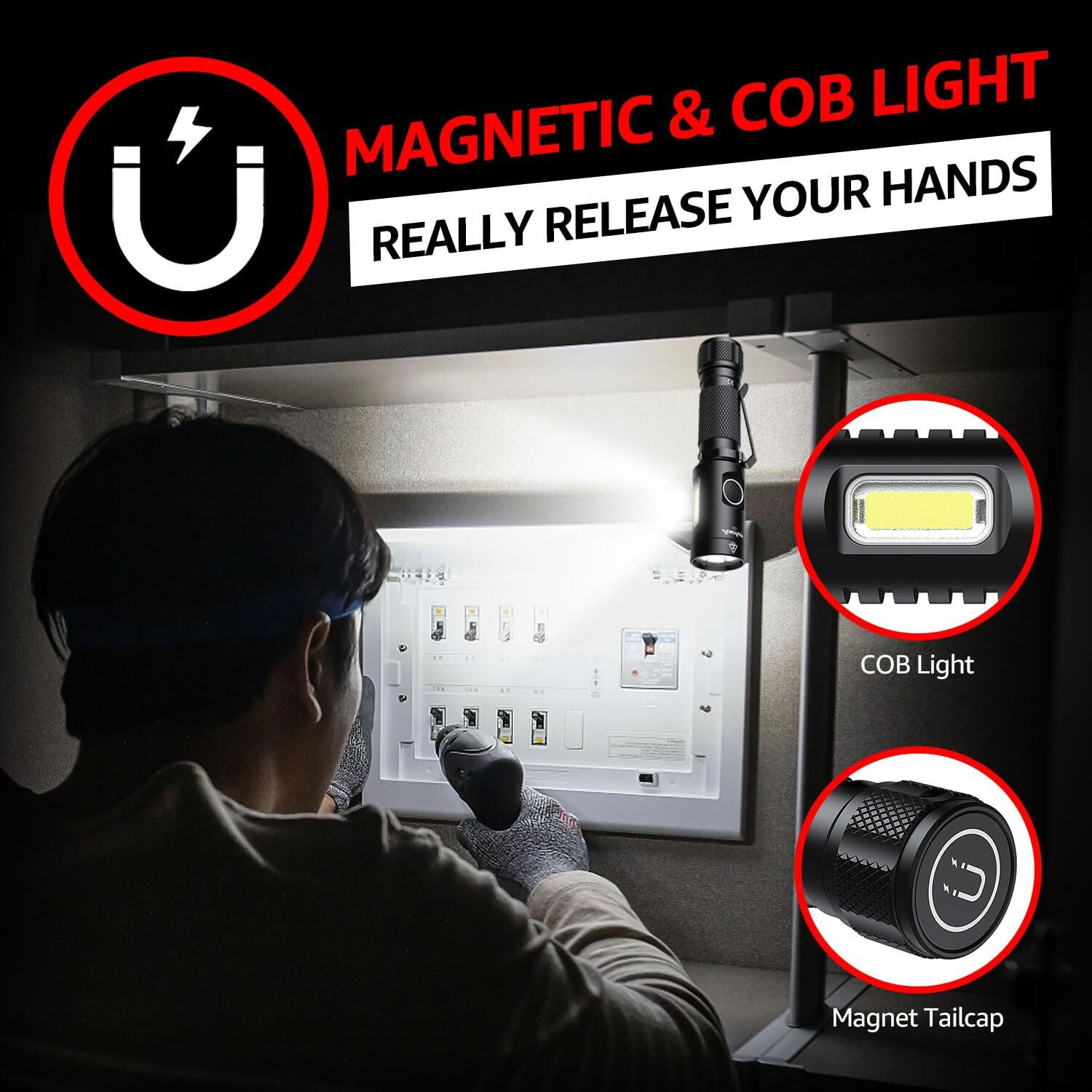 Flashlight, Magnetic LED Flashlight, Super Bright Tactical Flashlight, Cob Work