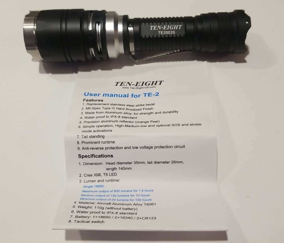 Ten Eight TE-2 Tactical Flashlight CREE XM-L T6 CT6