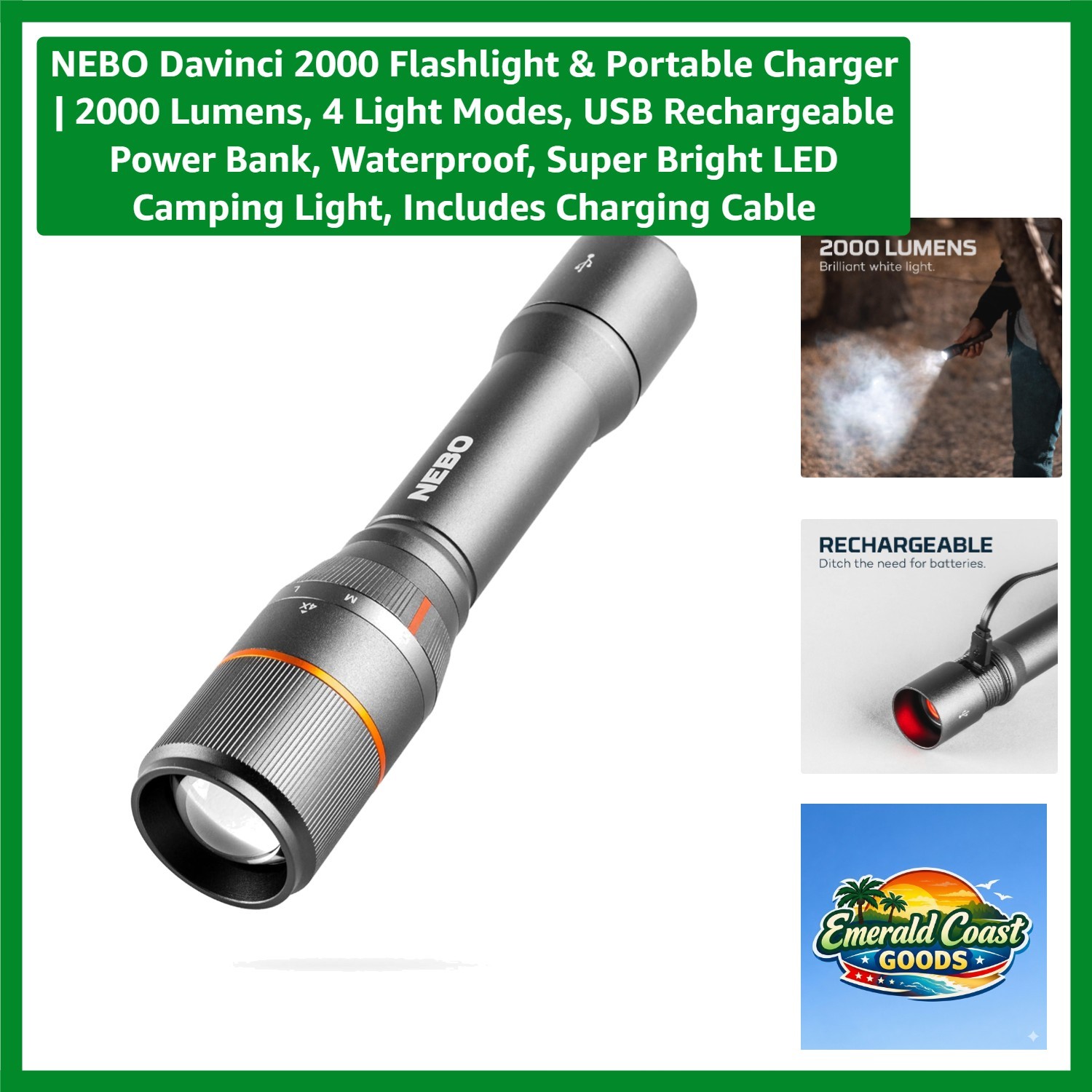 Davinci Compact LED Flashlight & Portable Charger: 2000 Lumens of Brilliance