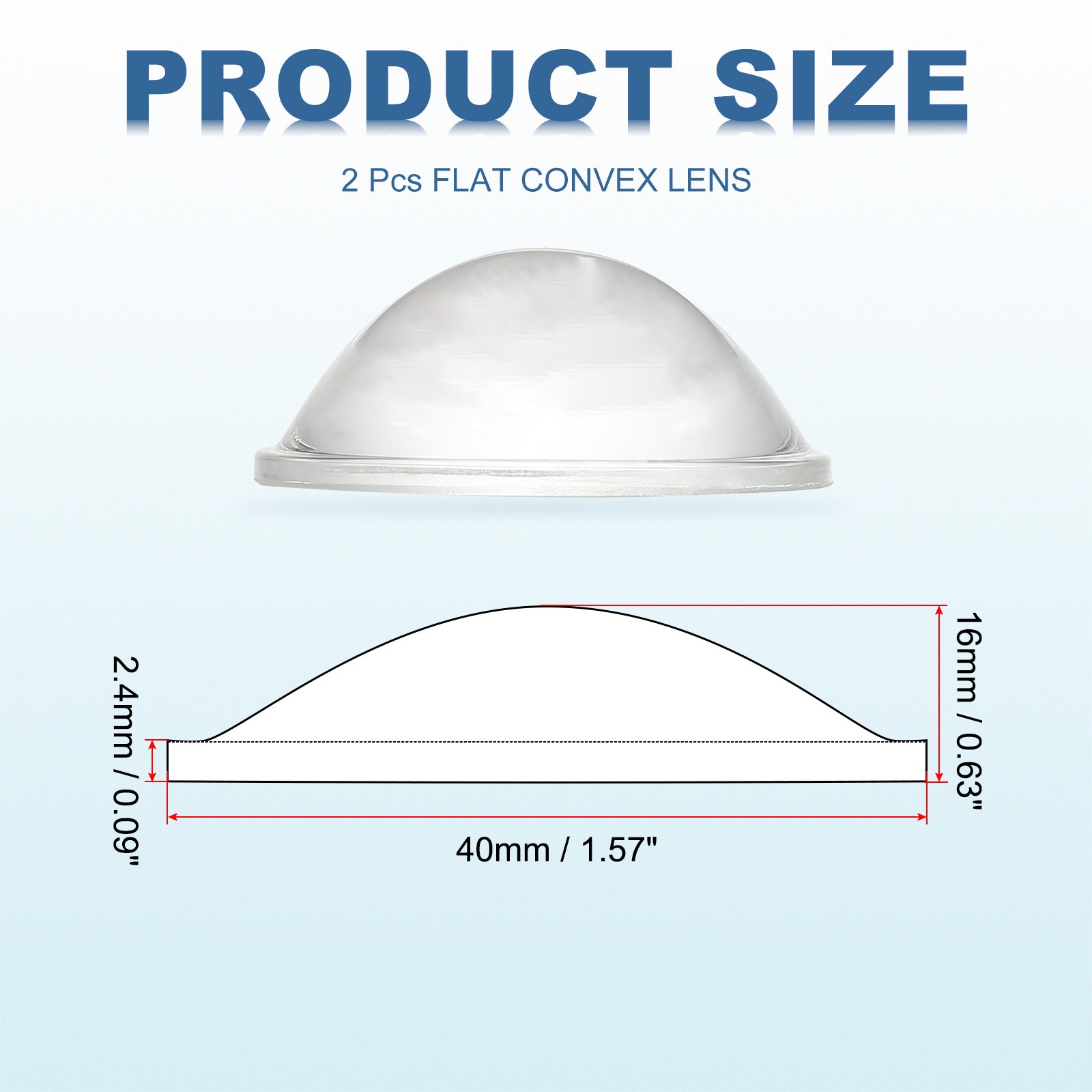 Diameter 40mm Flat Convex Lens, 2 Pcs Height 16mm Optical Lens, 2.4mm