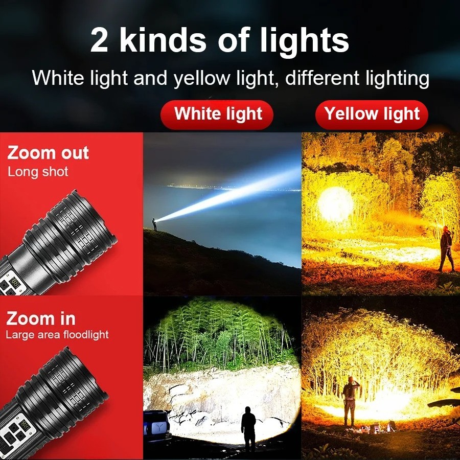 High Power LED Flashlight Dual Lights Warm and White Lamp with COB Zoomable US