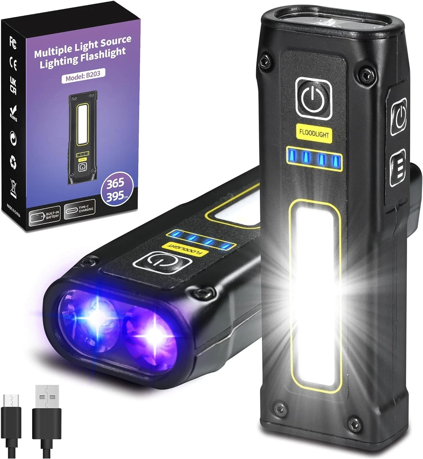 UV Flashlight 365+395 Blacklight LED EDC Flashlights High Lumen USB C…