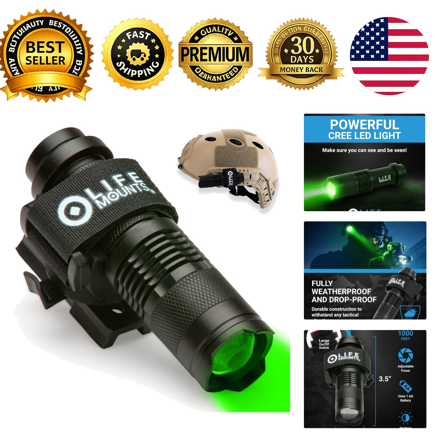 Tactical Helmet Flashlight Mount Quick-Detach 3.5×1.5in Green LED Shockproof