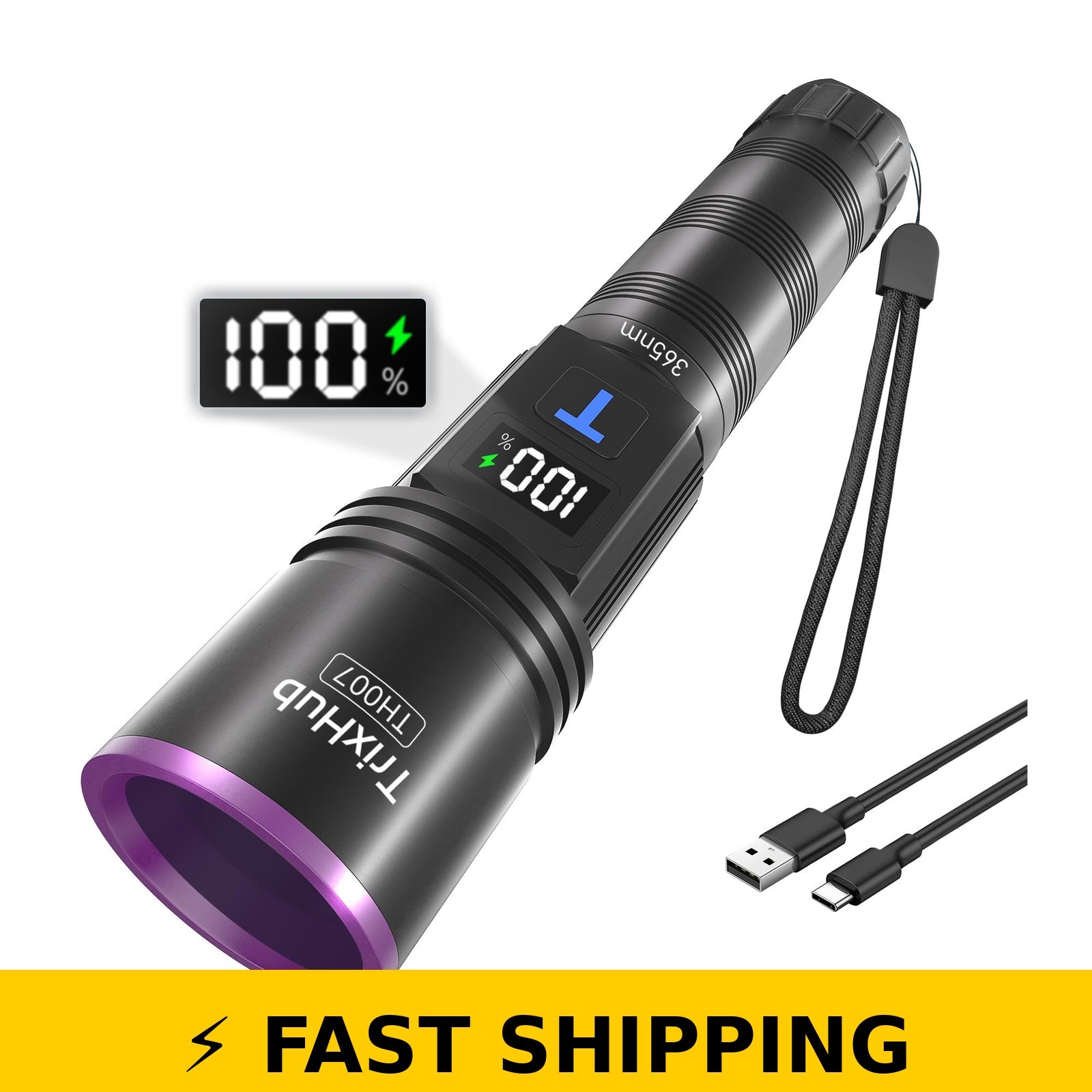 TrixHub 365nm UV Flashlight, Rechargeable Black Light with LCD Display