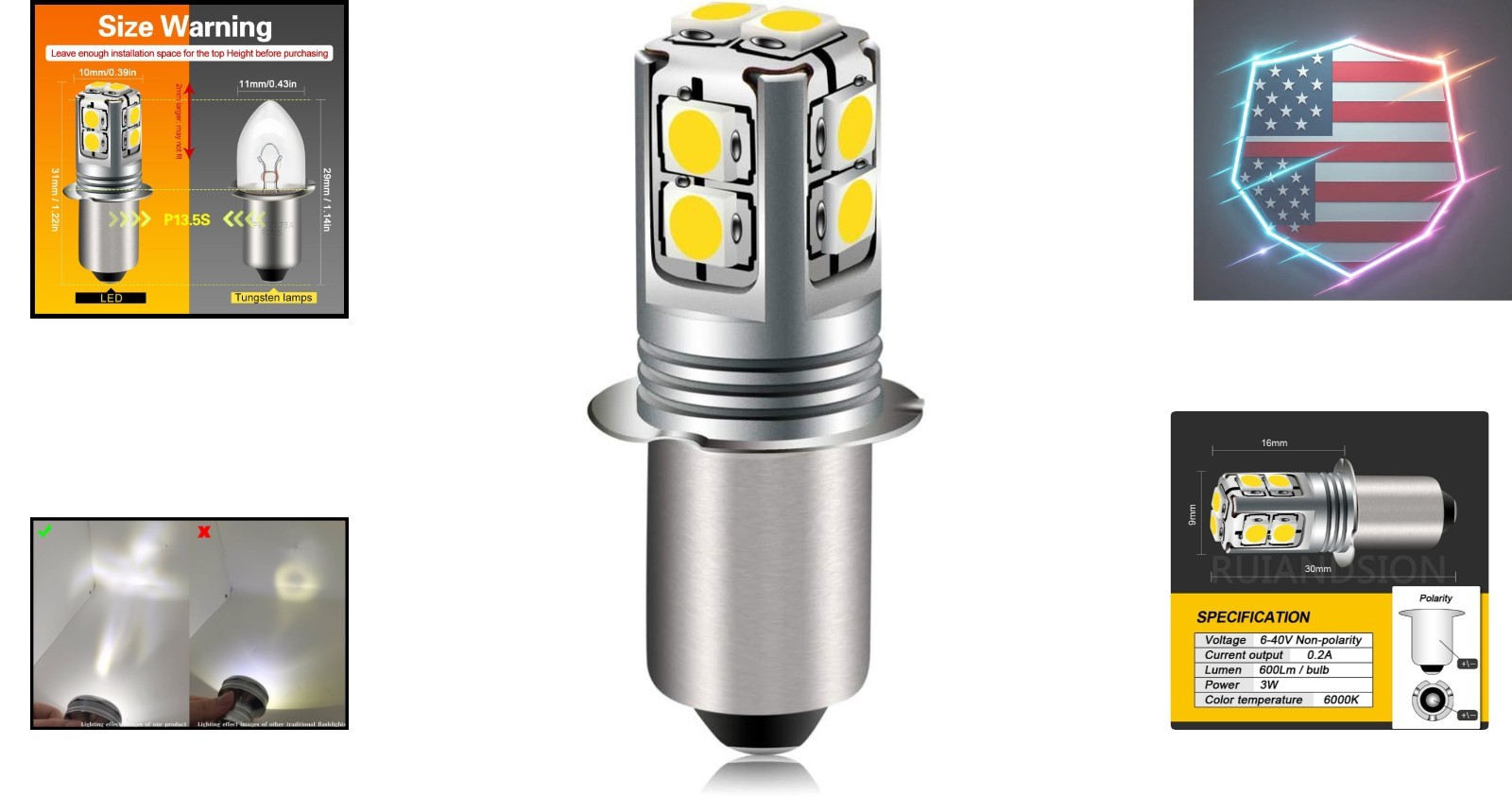 White P13.5S LED Flashlight Bulb, 6-40V Universal Upgrade 6V/9V/12V/18V/19.2V..,
