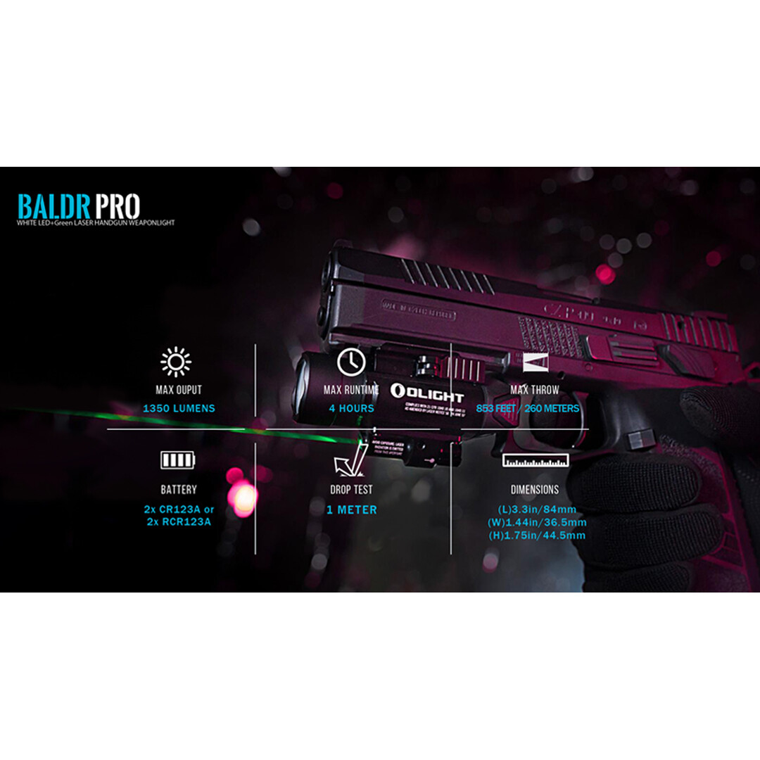 Olight Baldr Pro 1350 Lumen Pistol Flashlight with Green Laser Sight (Black)