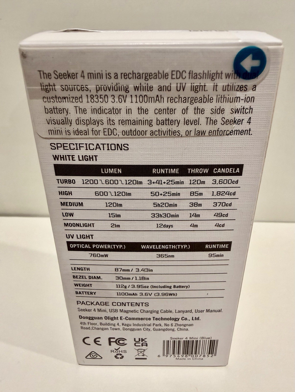 Olight Seeker 4 Mini EDC Flashlight, 1200 Lumens, 365nm UV Light Sealed NIB