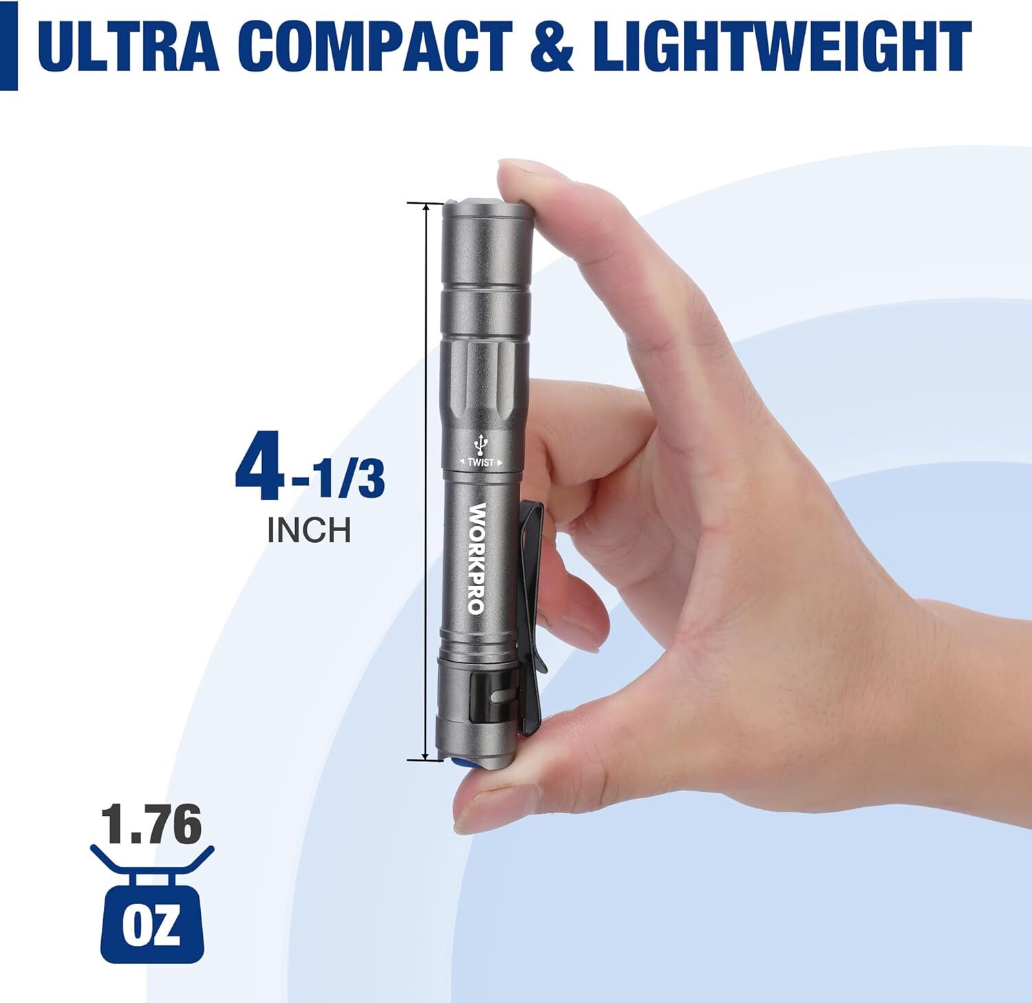 WORKPRO Rechargeable Pen Light, Mini Flashligh 2 Pack Pocket Flashlight w/Clip