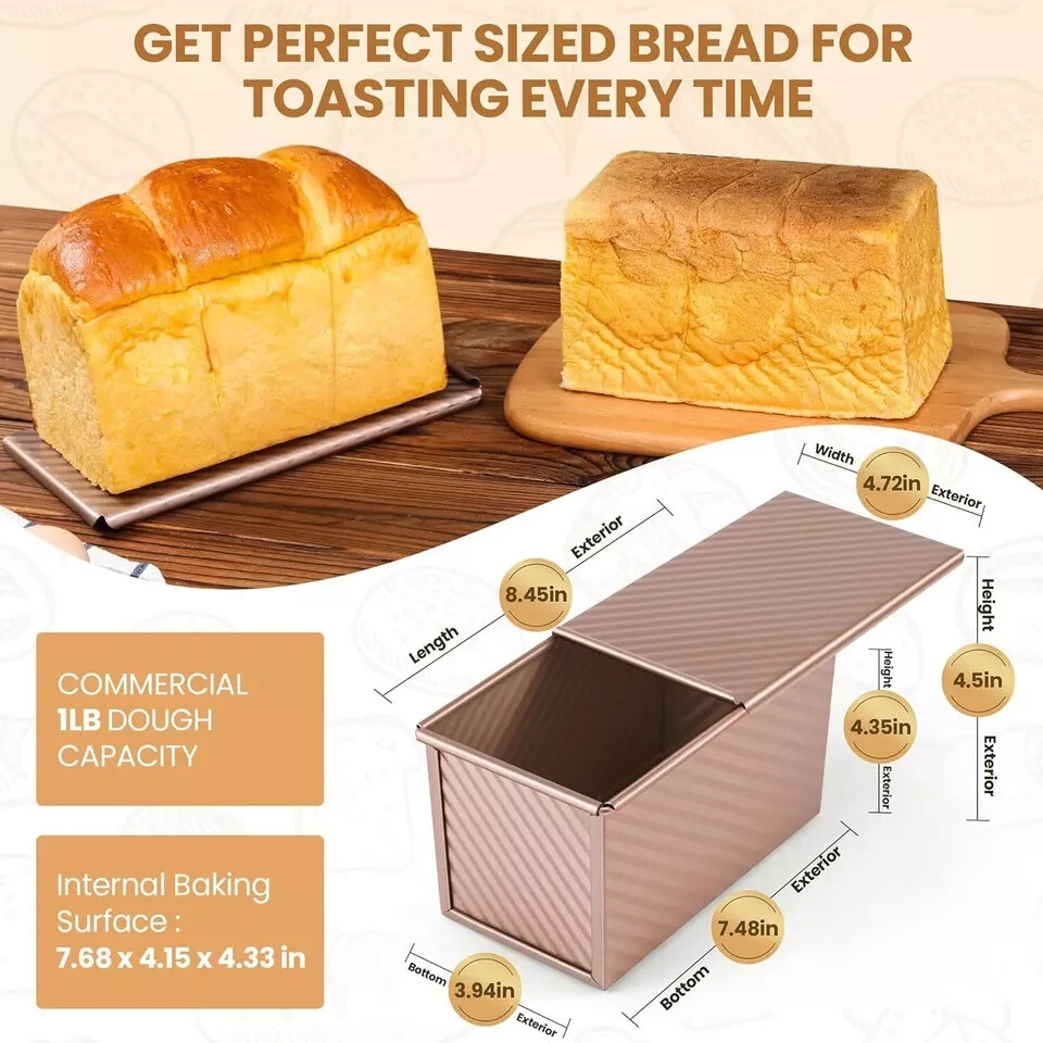 Pullman Loaf Pan with Lid, Premium 1 lb Large, 1LB Dough Capacity, Rose Gold