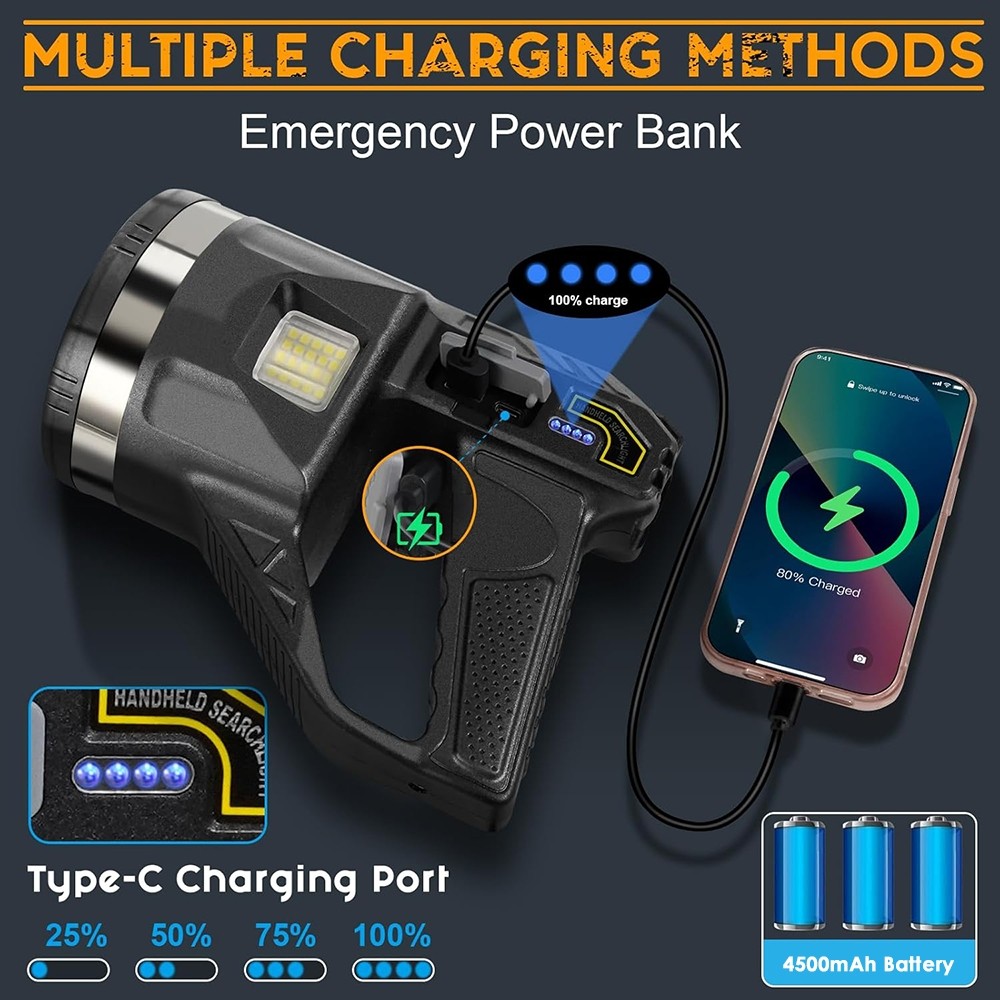 10000000LM Spotlight Rechargeable Flashlight Super Bright Outdoor Handheld Torch