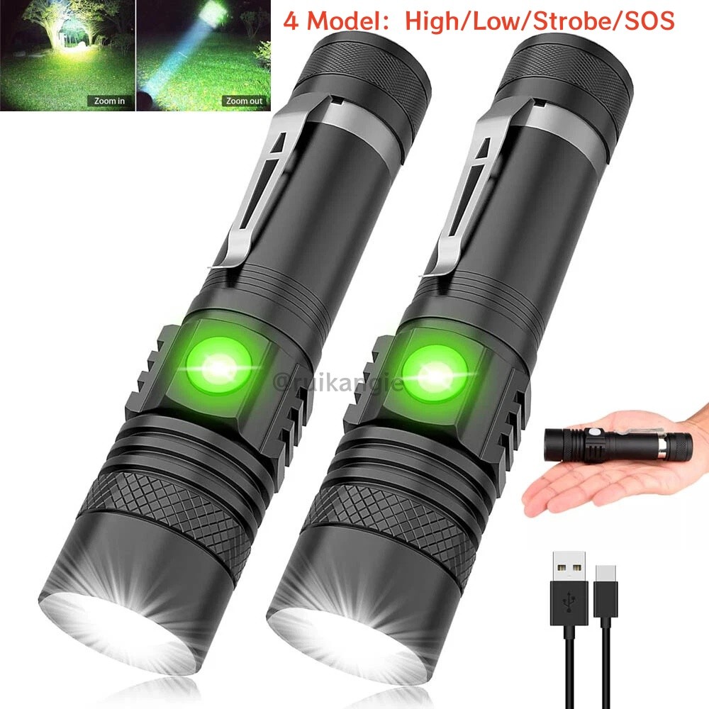 2 Super Bright LED Flashlights, 2600mAh USB-C Rechargeable IPX6 for Camping EDC