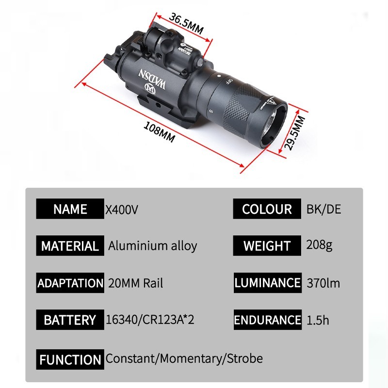 WADSN X400 X400V Metal Aluminium Red Dot Laser White LED Light Handgun Flashligh