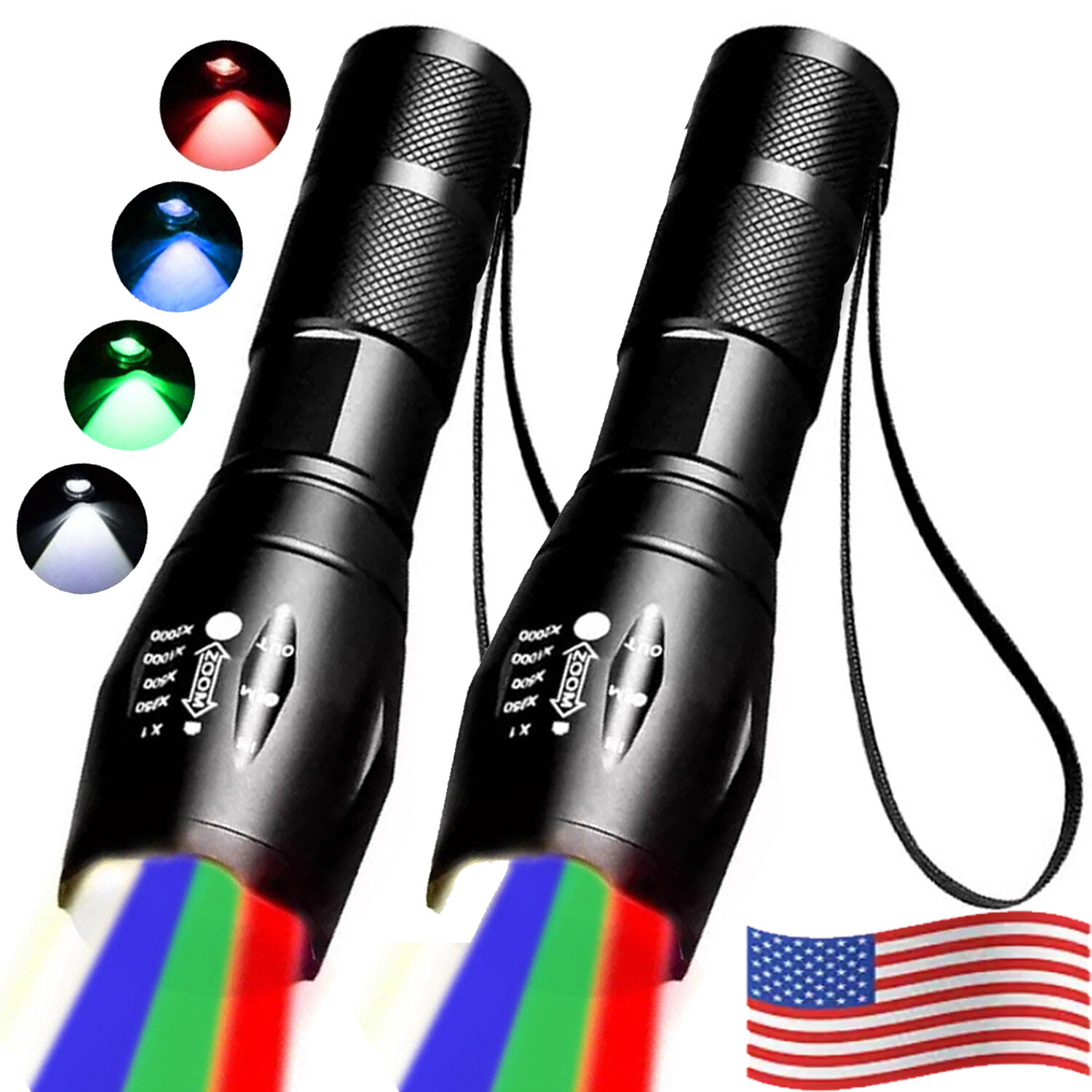 2PCS 4 in 1 Multicolor Red Green Blue White LED Flashlight Torch Hunting Light