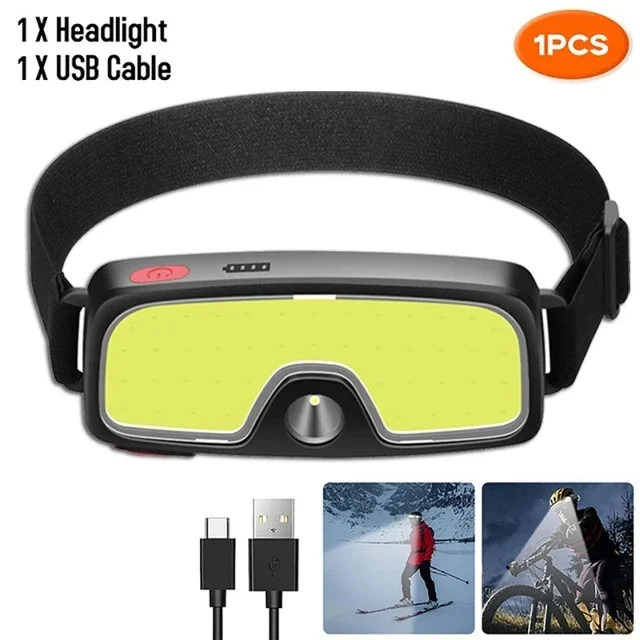 COB LED Headlight Flashlight 3 Mode Built in Battery USB Rechargeable D with Bag