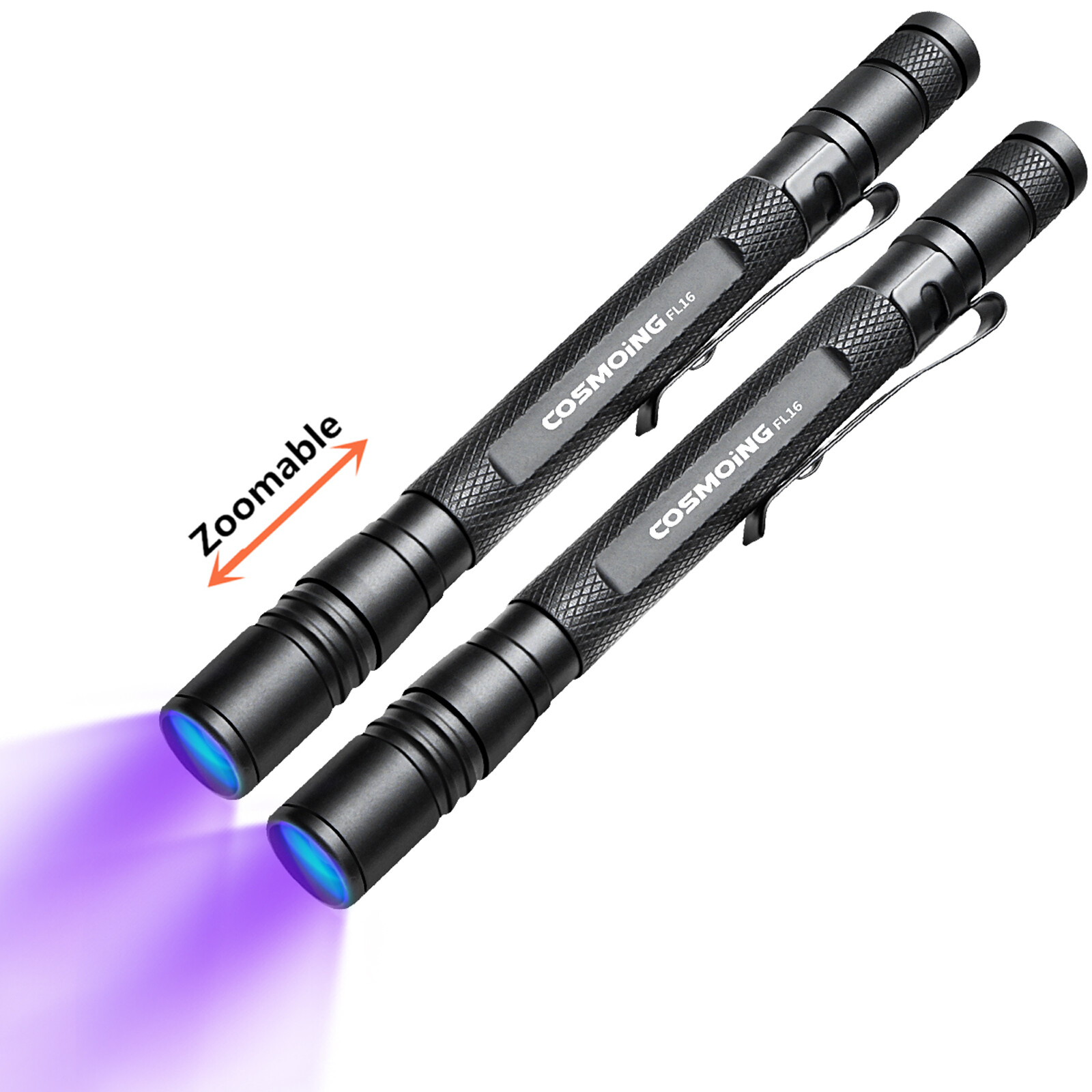 2PACK Zoomable 395nm UV Light Penlight Scalable Clip Blacklight Flashlight Torch