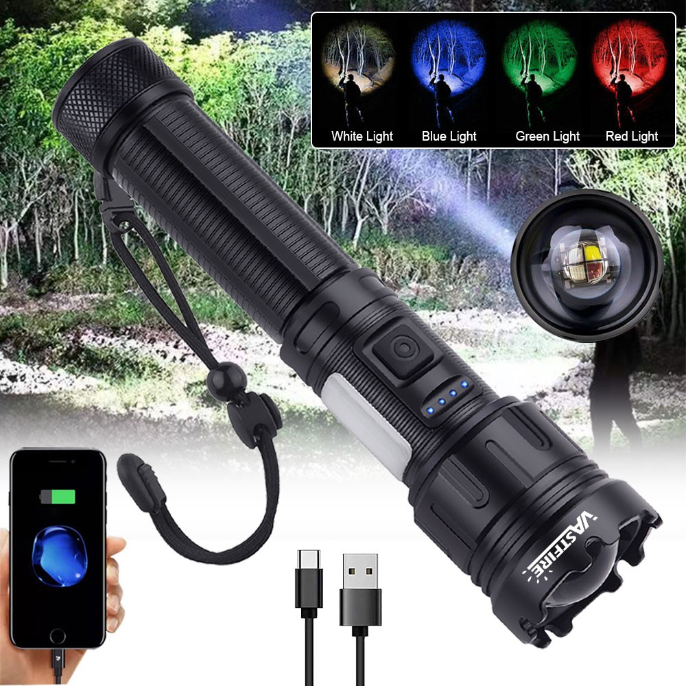 4in1 Hunting LED Zoom Flashlight White/Green/Red/Blue Light Torch Coyote Varmint