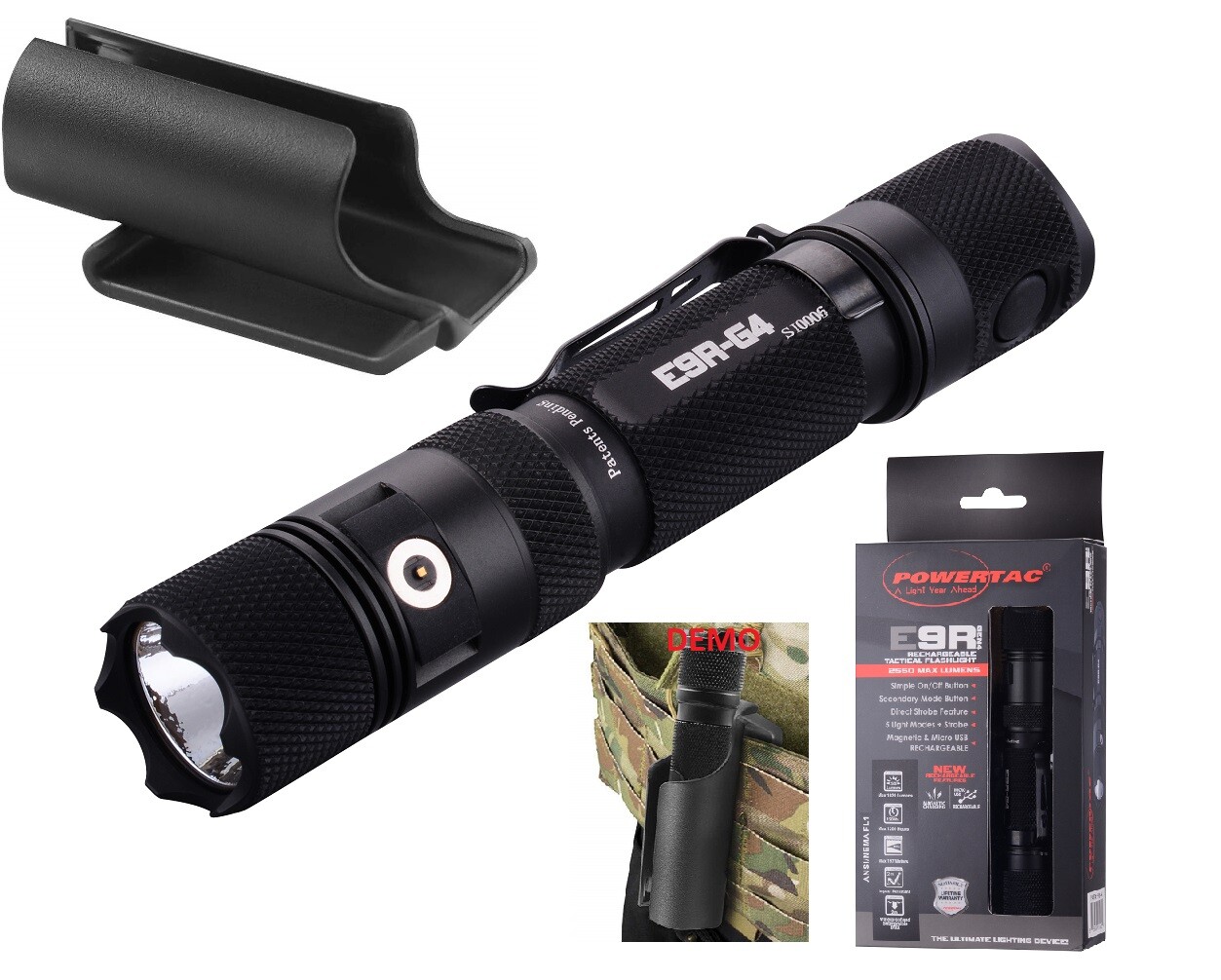 Powertac E9R G4 2550 Lumen USB Rechargeable LED Flashlight w/ Hard Shell Holster