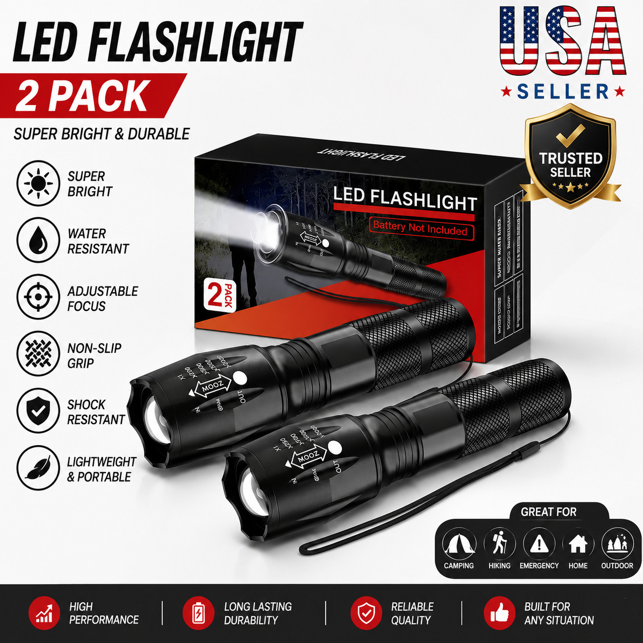 LED Tactical Flashlight 2 Pack High Lumens Waterproof Zoomable 5 Modes Camping