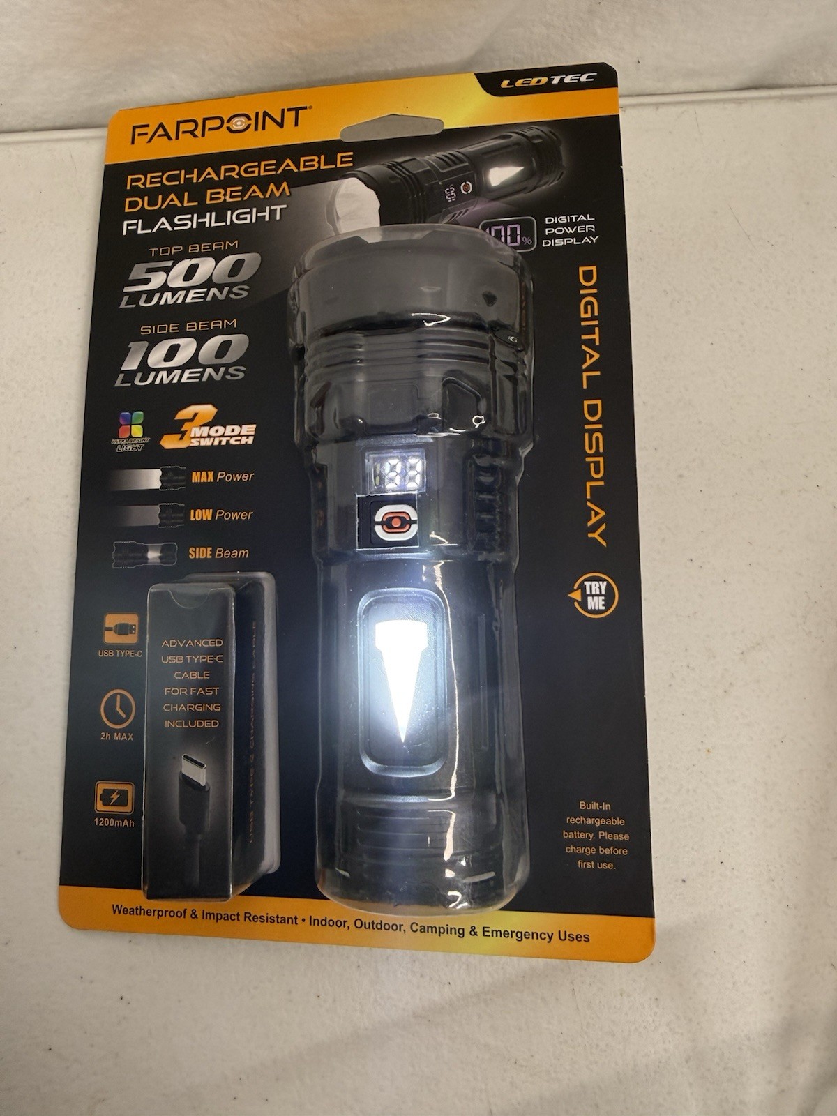 Rechargeable Dual Beam Flashlight 500 Lumen Digital Display Camping Gift for Dad