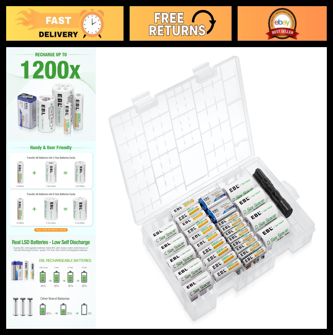 Rechargeable Battery Pack: 20 AA 2800mAh, 16 AAA 1100mAh, C/D Spacers & 9V + Fla