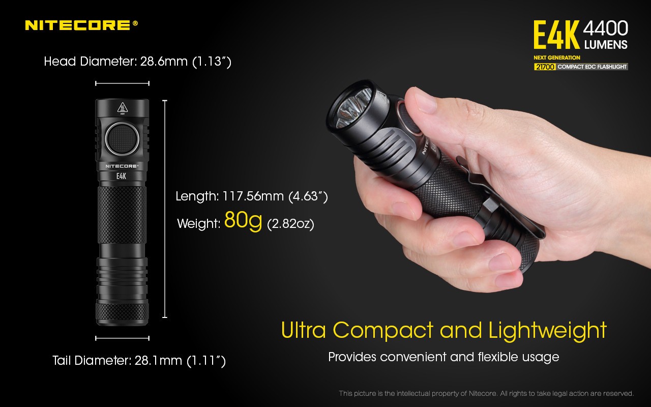 Nitecore E4K 4400 lumen high powered LED Flashlight w/ battery/holster Auth Dlr
