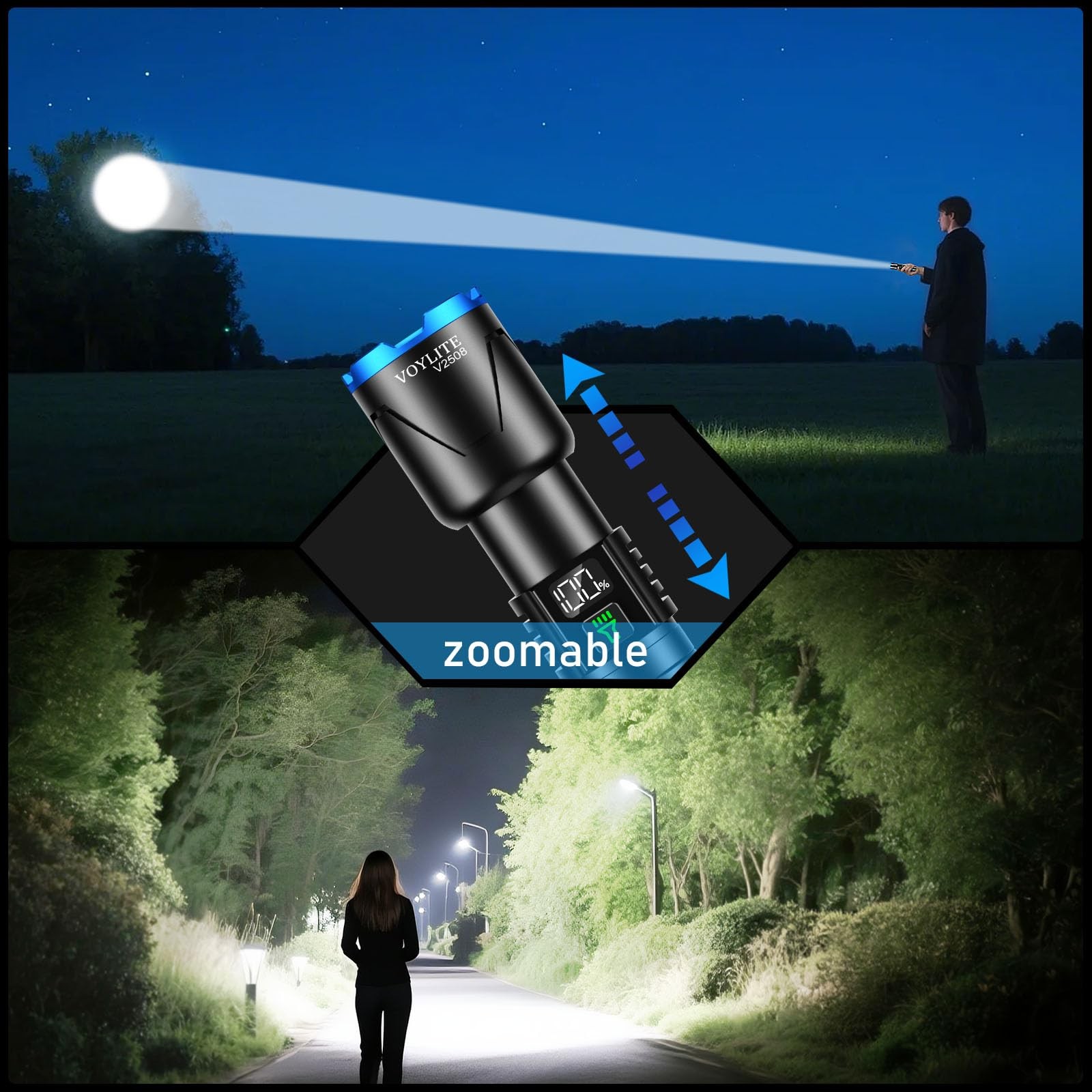 Best Rechargeable Flashlights High Lumens – 100000 LM 5000mAh Battery with LCD