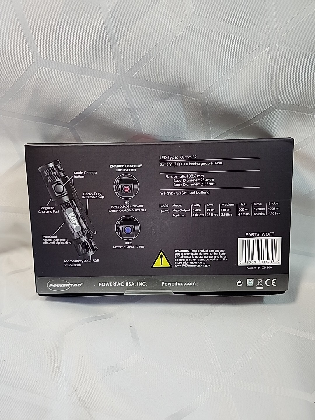 POWERTAC W.O.F.T. 1200 LUMENS SELF DEFENSE TACTICAL FLASHLIGHT Clip On NIB