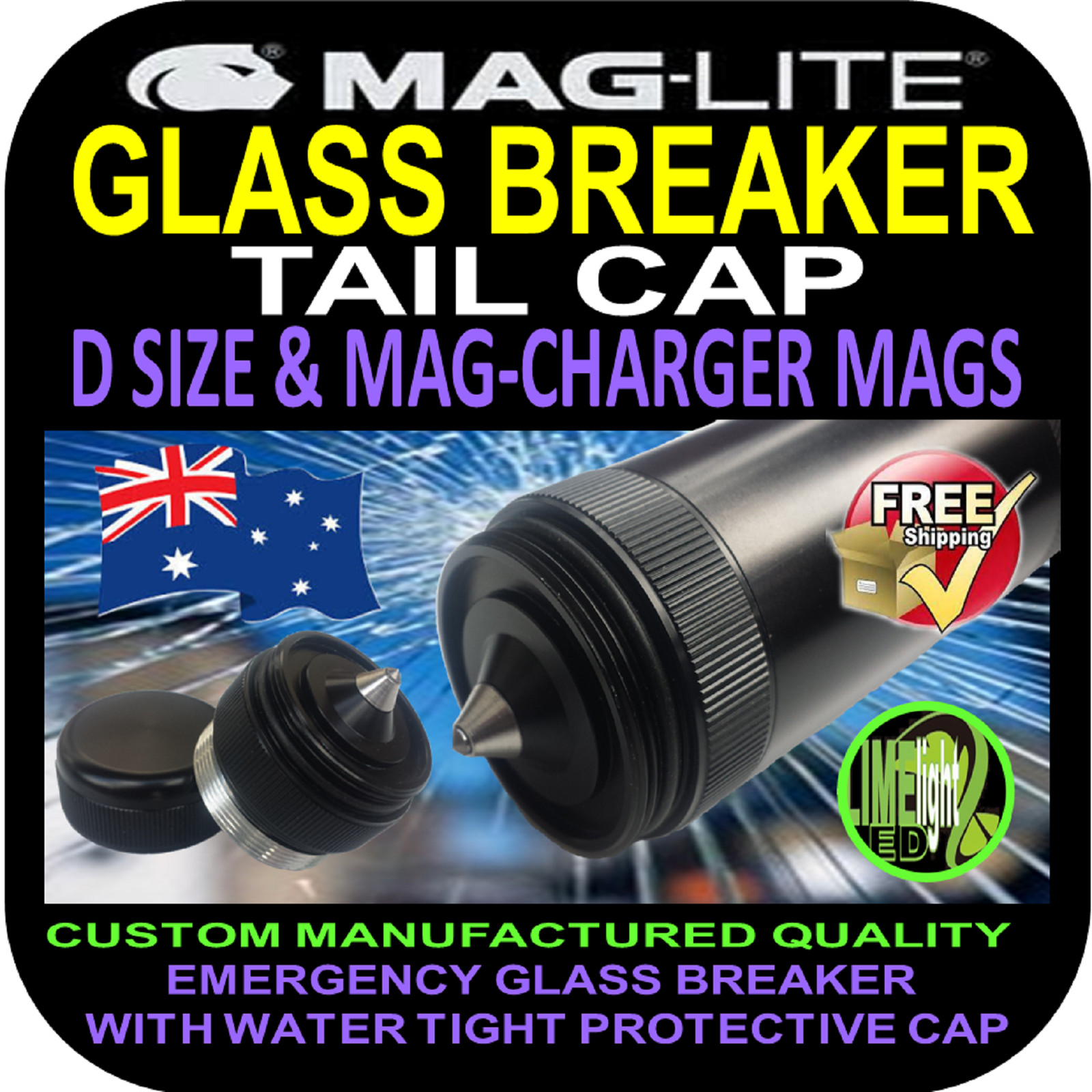 MAGLITE UPGRADE FLASHLIGHT TORCH TAIL CAP GLASS BREAKER D/DL MOD & 6V MAGCHARGER