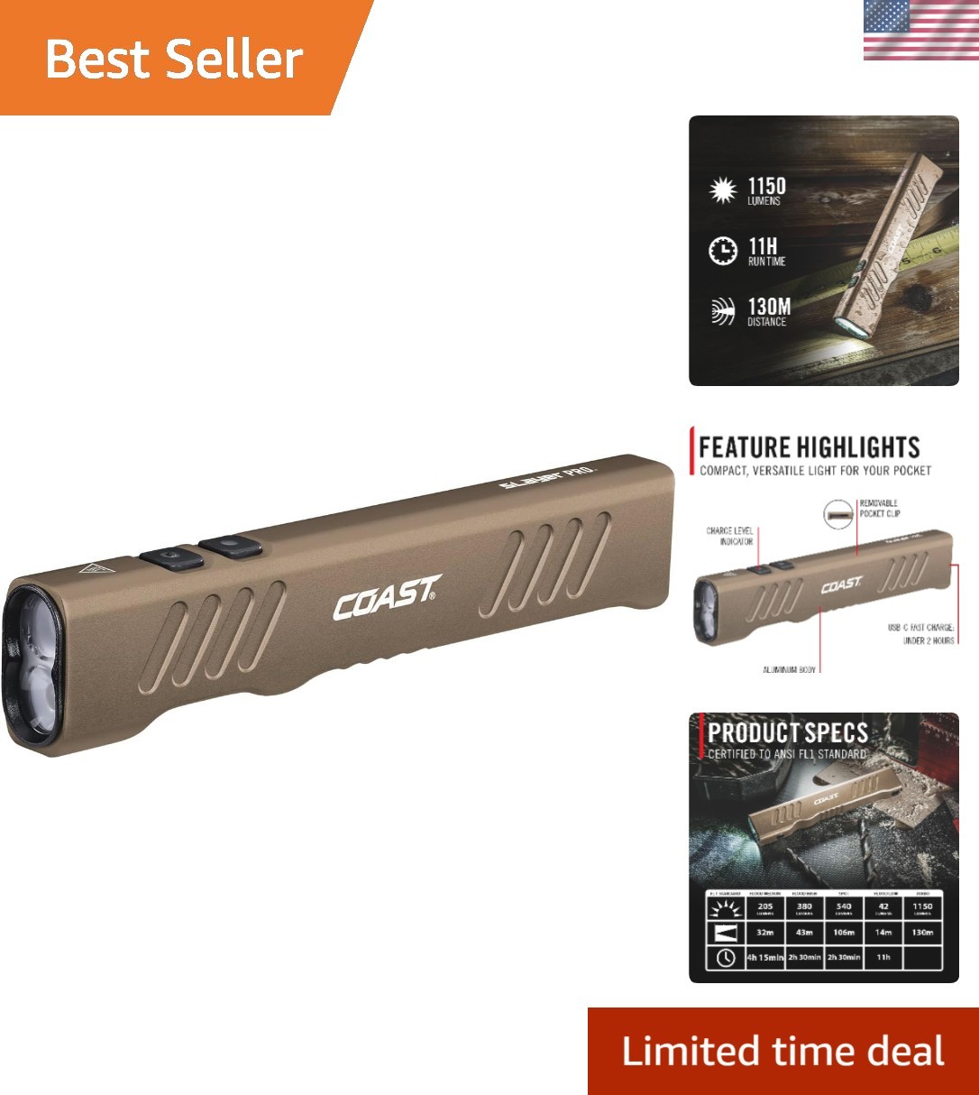 Slayer 1150 Lumen Flashlight with Memory Mode, Pocket Clip & Aluminum Body