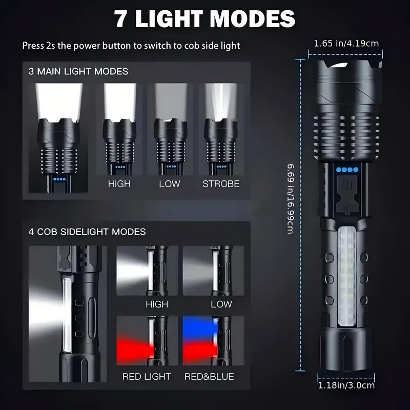 LED Flashlight Rechargeable with 7 modes- Built-in Battery for Outdoor Camping