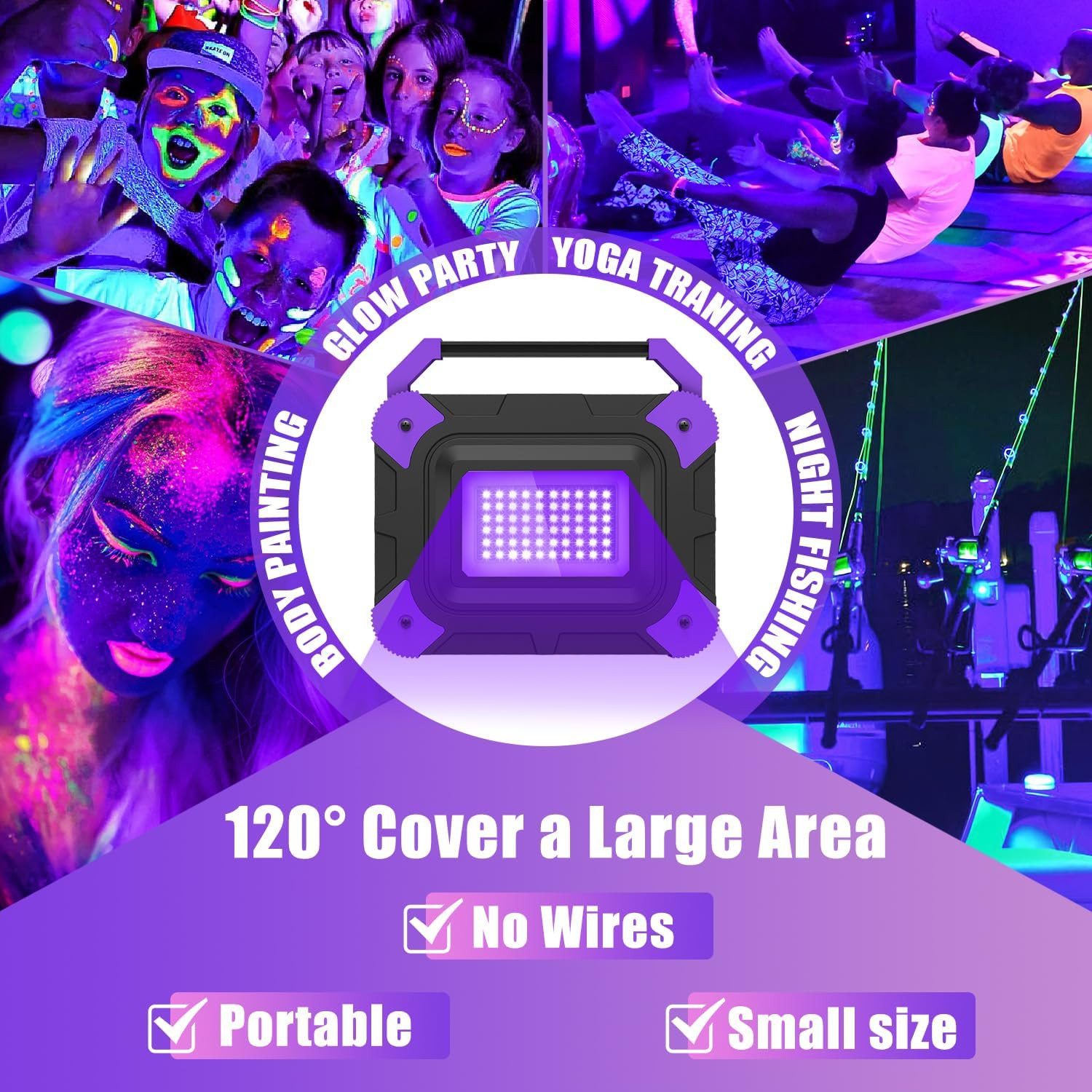 Portable Rechargeable Black Lights for Fishing & Glow Parties – 4 Pack