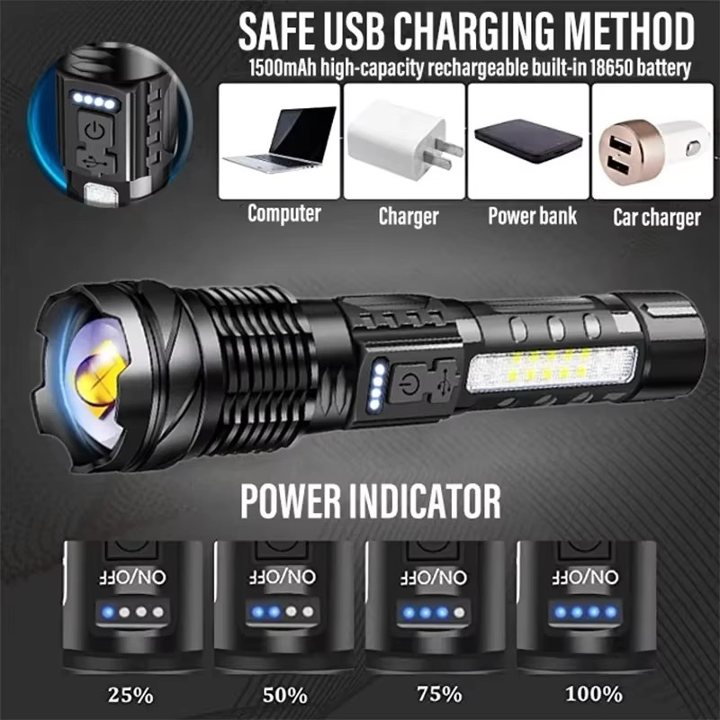 Powerful XHP50 LED Flashlight Waterproof 18650 Torch with Side Light 7 Modes