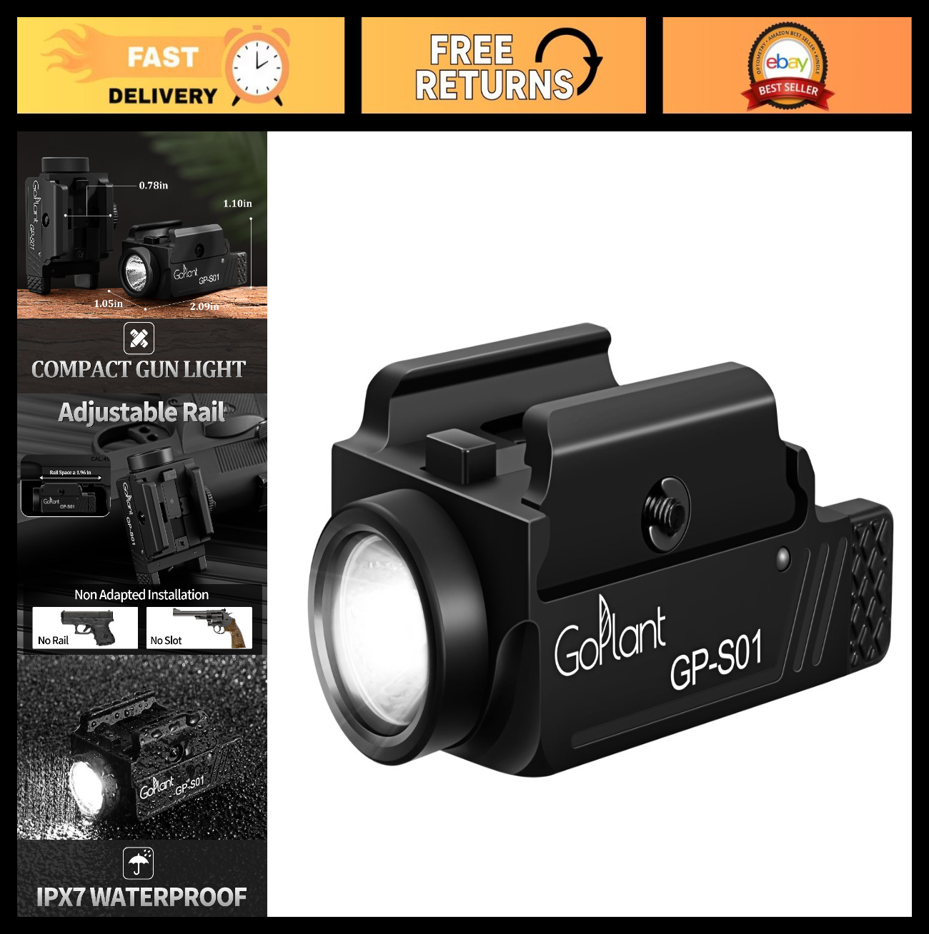 1350 Lumens LED Compact Weapon Light, Rail-Mounted Handgun Flashlight, Rechargea