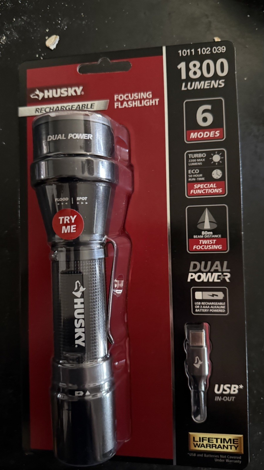 Husky 1800 Lumens Dual Power LED Rechargeable Tactical Focusing Flashlight