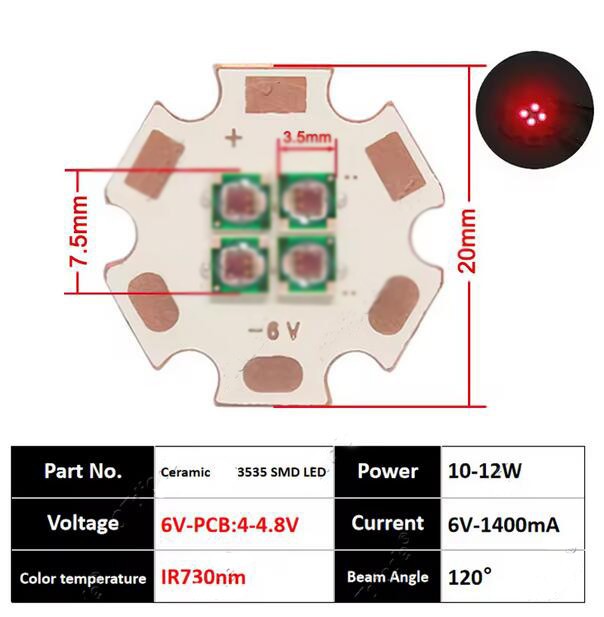 10W High Power 3V/6V/12V Chip IR Infrared LED 680/730/810/850/940nm Bulb Bead