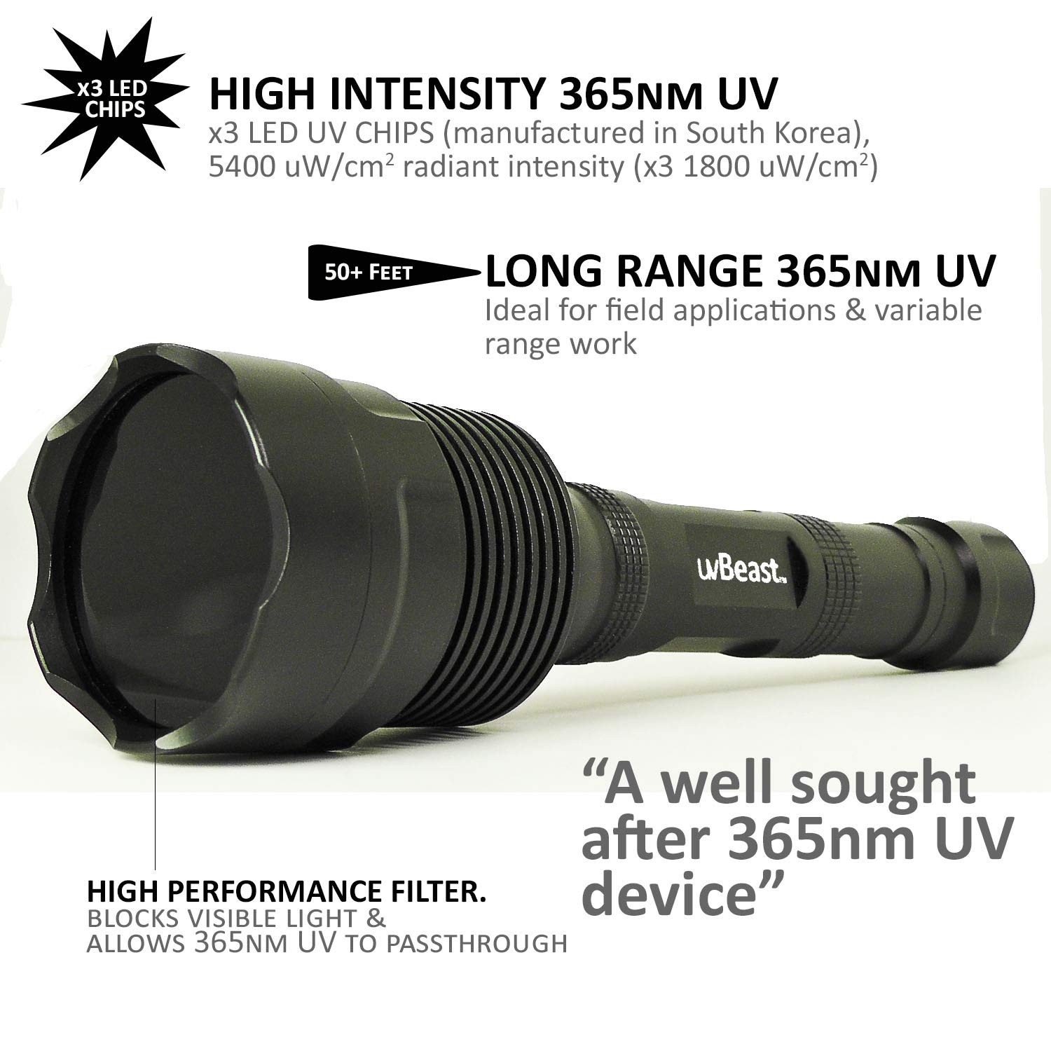 uvBeast V3 365nm Black Light UV Flashlight – High Definition Metallic