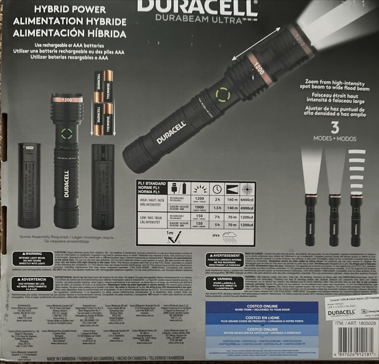 Duracell Durabeam Ultra W Rechargeable AAA Batteries 1200 Lumens 3 Pk Hybrid LED