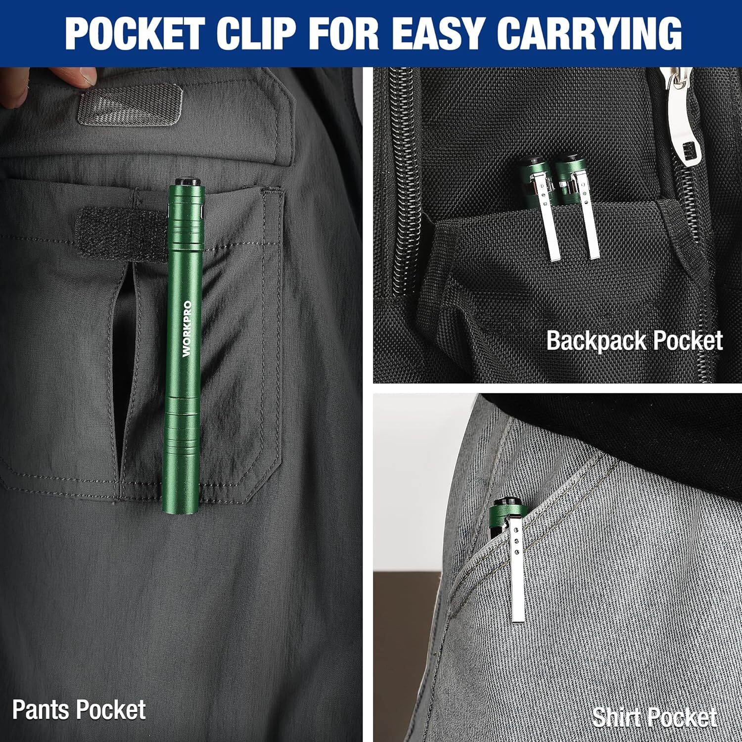 WORKPRO 4-Pack LED Pen Light Green Aluminum Pocket Flashlight with Clip NEW