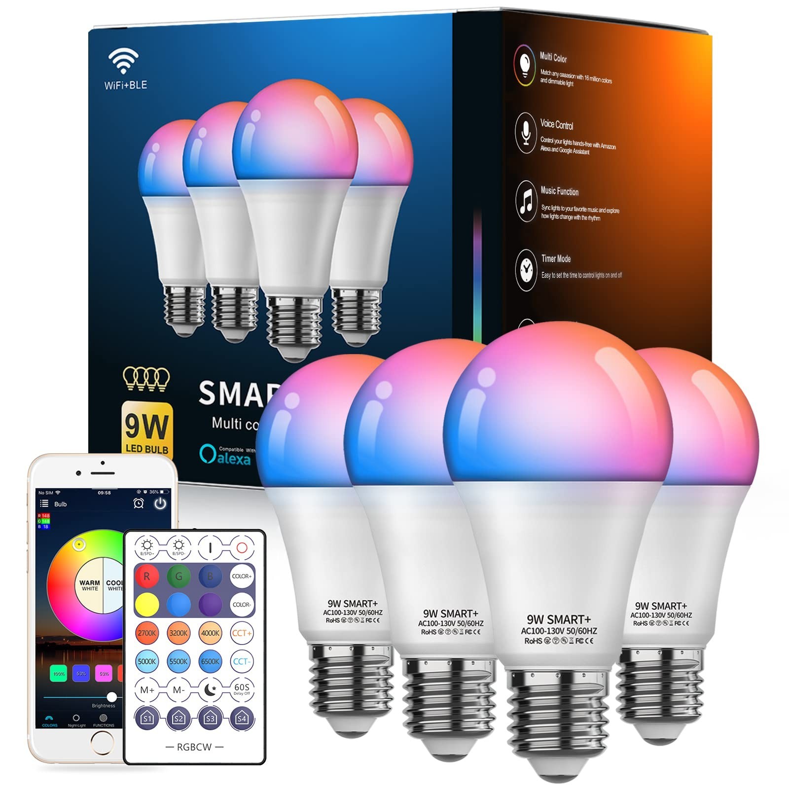 Smart Light Bulbs, WiFi & Bluetooth 5.0, Work with Alexa Google Assistant, Ap…