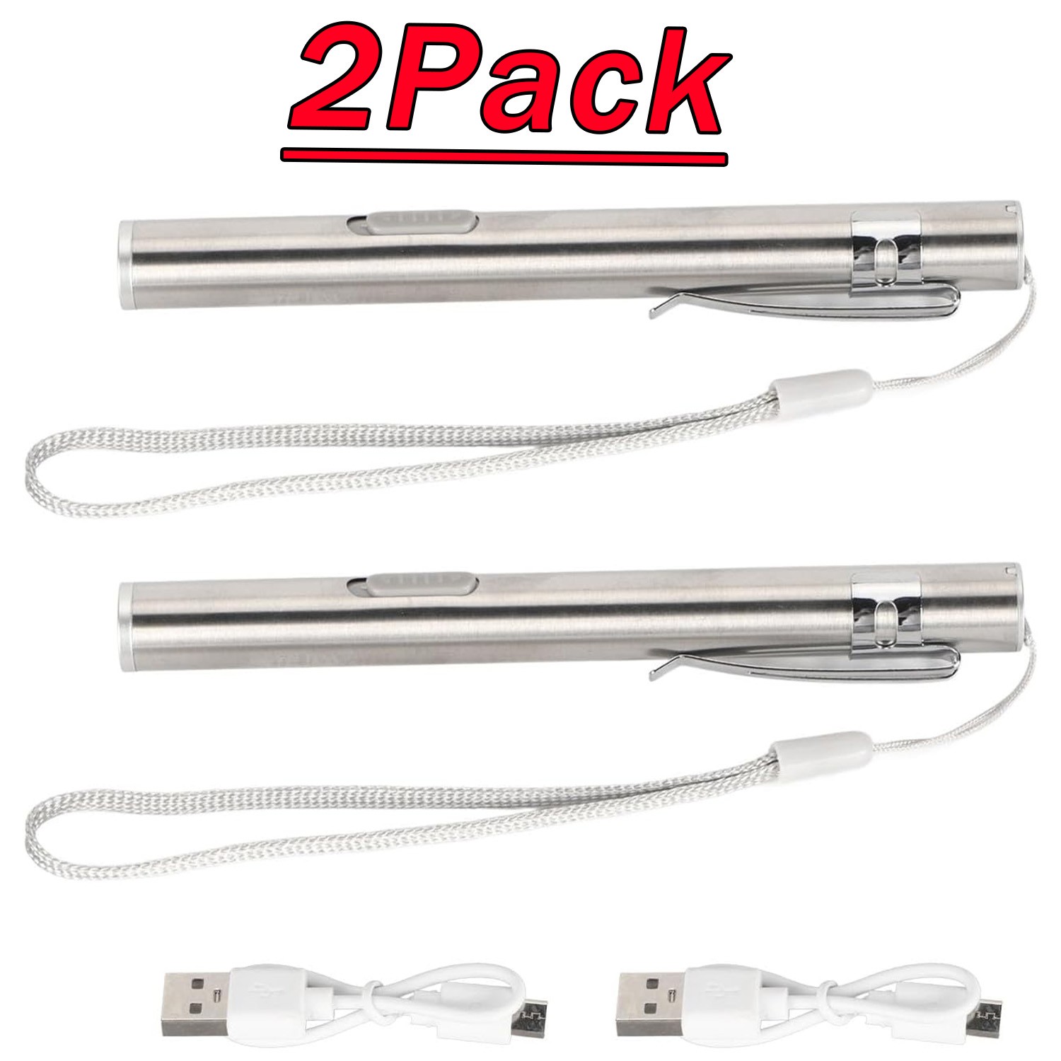 2Pack LED USB RECHARGEABLE MINI FLASHLIGHT Stainless Steel Pen Light 1000 Lumens