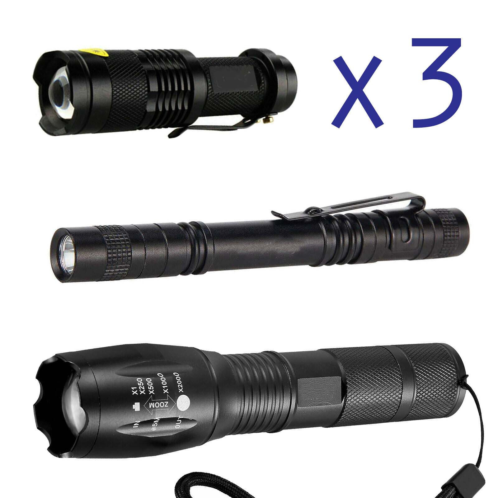 3 x Tactical 18650 Flashlight High Powered 5Modes Zoomable Aluminum