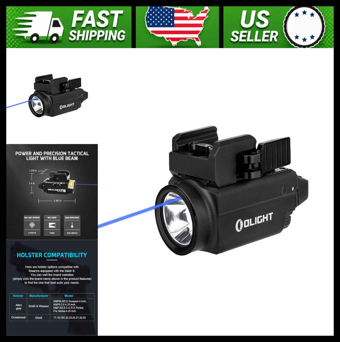 Olight Baldr S Blue Beam 800 Lumens Tactical Rail Mounted Flashlight